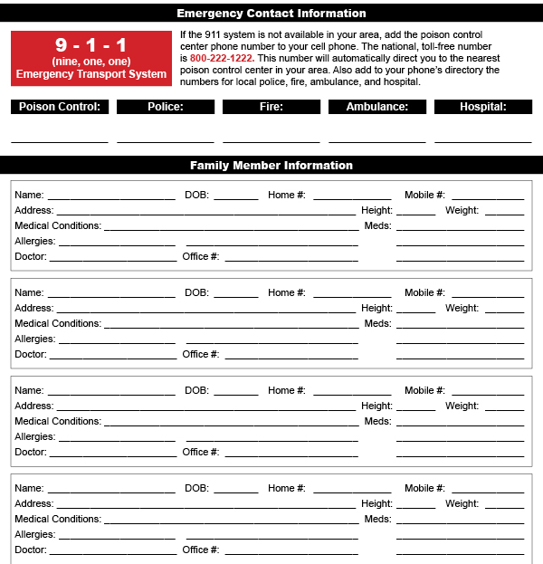 Emergency contact information for family members.